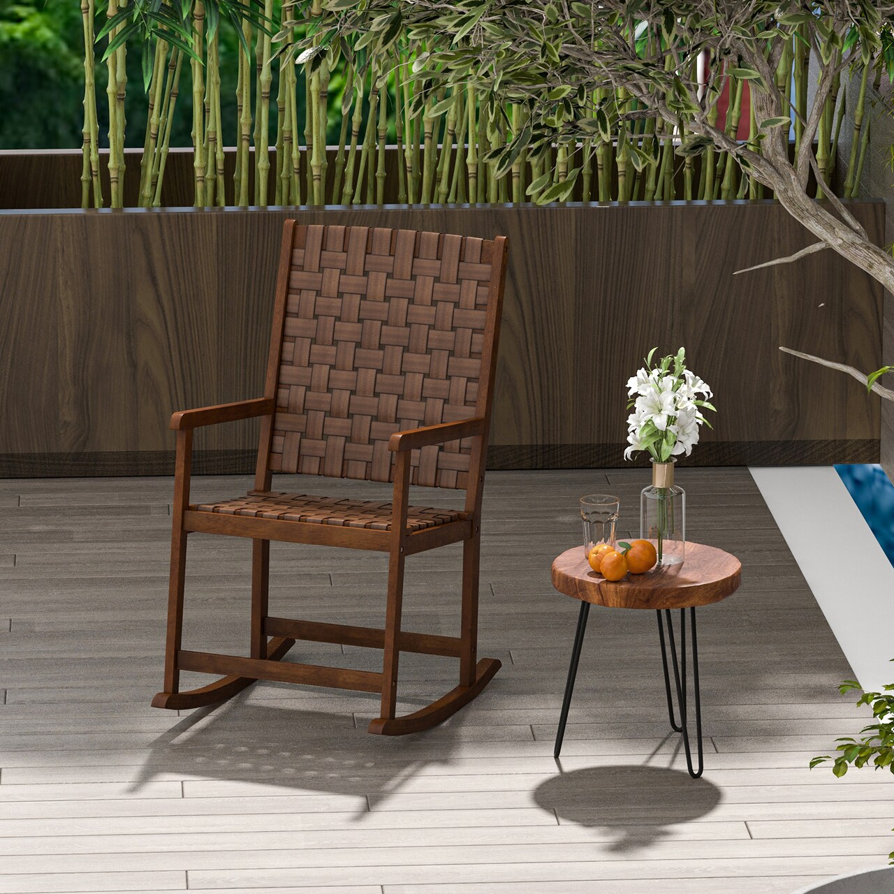 Patio Wood Rocking Chair With Pu Seat And Rubber Wood Frame-Brown
